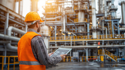 Double exposure of Engineer, iPad in hand with oil refinery industry plant background, industrial instruments in the factory and physical system concept.