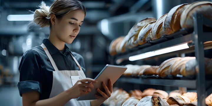 Female baker utilizes tablet for quality control in bakery factory. Concept Bakery Factory, Female Baker, Quality Control, Tablet Usage