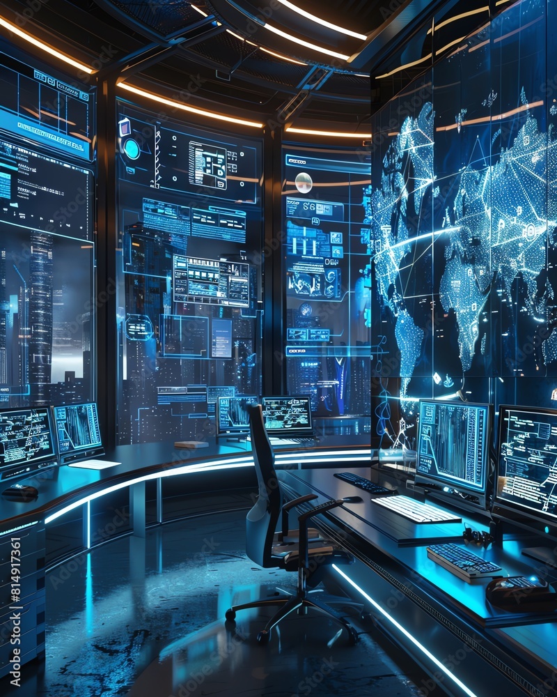 Fototapete futuristic command center with multiple screens displaying data and a world map.