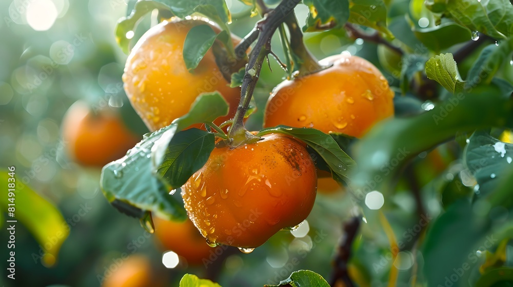 Poster Fresh, Ripe Oranges Dangling on a Tree, Glistening with Dew. A Sunny Orchard Captured in a Moment of Serenity. Perfect for Healthy Lifestyle Promotion. AI