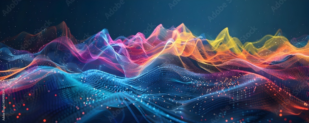 Aufkleber abstract digital data visualisation with colorful sound waves and glowing lines on dark background, 