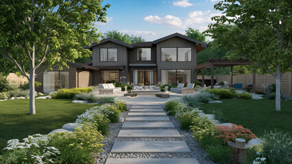 Fototapeta premium Modern house design with sustainable exterior beautiful garden, travel residence, luxury property