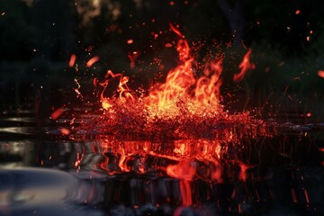 Fire in river, reflection of red fire, water splash, animation in real time