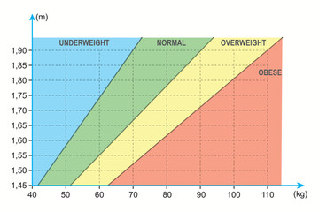 Body Mass index chart. Health lifestyle template. Height and weight chart. Dietitian chart. Mathematics, geometry, physics, exam, question.