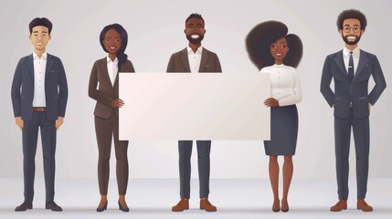 Obraz premium A diverse group of young businesspeople in suits stand confidently with a blank white banner, ideal for a corporate message or logo.