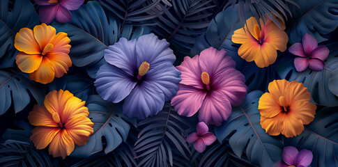 Tropical flowers exotic leaves, floral seamless pattern, 3D illustration. Glamorous background design luxury wallpaper
