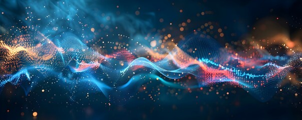 Abstract digital background with colorful sound waves and data points on dark blue gradient, symbolizing technology or music background 

