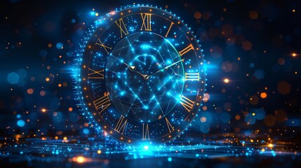 A digitally stylized neon clock displaying a dartboard design amidst a sparkling blue technological backdrop.