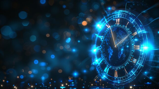 A digitally stylized neon clock displaying a dartboard design amidst a sparkling blue technological backdrop.