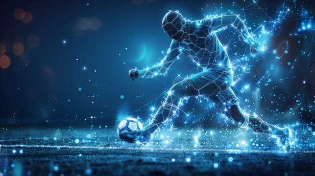 Futuristic neon-lit football player in action on digital field
