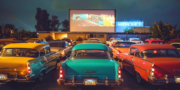 American drive-in with cars lined up in front of an outdoor cinema screen