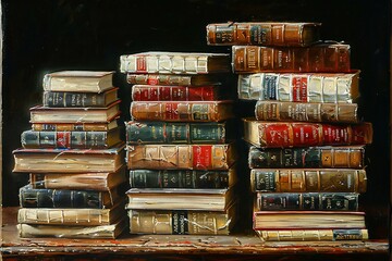 An oil painting of stacks of books sitting on top of each other