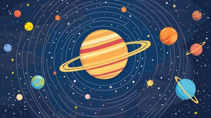 Solar system layout flat design front view educational theme cartoon drawing Split-complementary color scheme