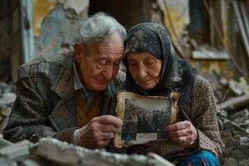 Elderly Couple Reflecting on Memories Amidst Ruined Building at Dusk