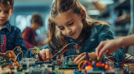 A group of children of various ages are engaged in the activity of working on electronic circuits, connecting wires and components on a table.