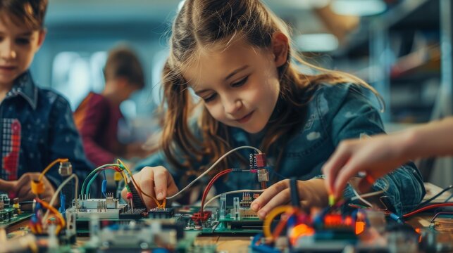 A group of children of various ages are engaged in the activity of working on electronic circuits, connecting wires and components on a table.
