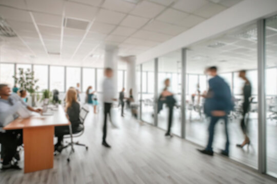 business people walking in the corridor of an business center, pronounced motion blur, crowded bright modern light office movement defocused. office background busy. talking and rushing in the lobby. - Powered by Adobe