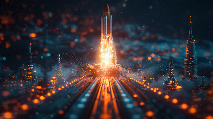 A rocket launches into the sky amidst a bustling cityscape, symbolizing innovation and progress.