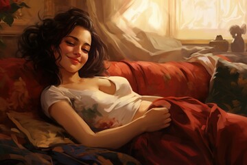 Fototapeta premium Artistic illustration of a content woman lounging on a red sofa, basking in warm sunlight