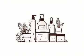 Raw beauty products flat design front view organic skincare theme cartoon drawing black and white
