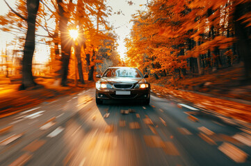 Car on the road at sunset with beautiful orange and red autumn trees along the way, motion blur, travel in fall.