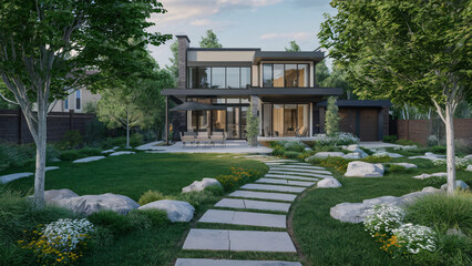 Obraz premium Modern house design with sustainable exterior beautiful garden, travel residence, luxury property