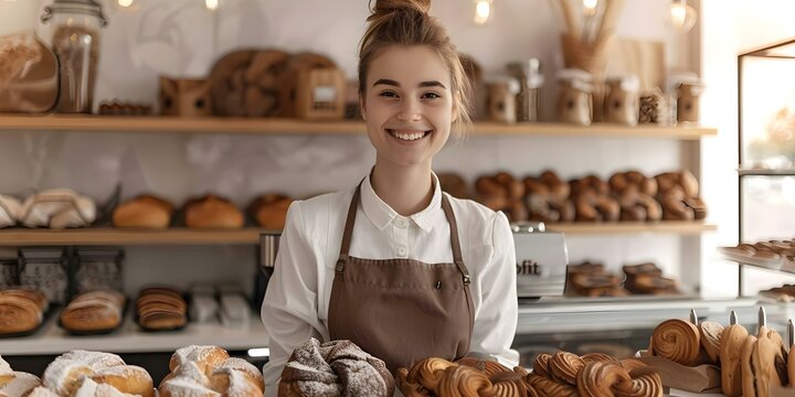 Running a Small Business: Female Baker Entrepreneur at the Counter of a Bakery Coffee Shop. Concept Small Business Management, Entrepreneurship, Bakery Operation, Female Entrepreneur - Powered by Adobe