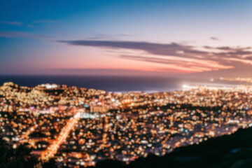 The lights of the night city. Blurred background. Lanterns on the street. big city lights in the twilight evening with blurring. Colorful circles of light abstract. circular bokeh on blue horizon.