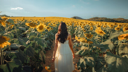 Woman holding sunflowers blooming in the sunflowers field. Summer time. Young female standing in sunflower field, freedom and happiness concept.