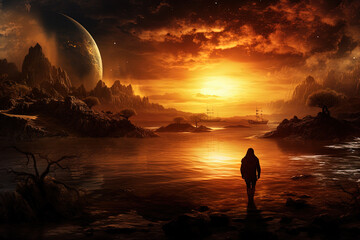 Exploring shores of a foreign planet.