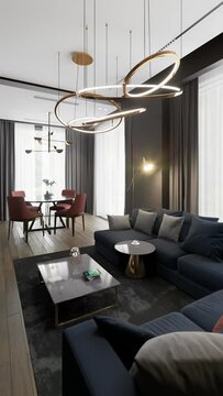 A small apartment with a common space of living room, kitchen and dining room in a modern style. Vertical format for a phone.