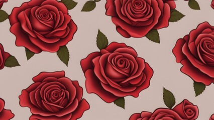 Seamless pattern of red roses on a beige background generative ai
