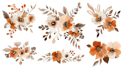Brown and orange floral bouquet collection with watercolor