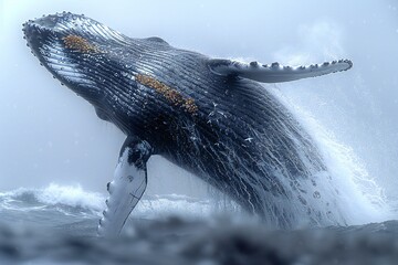 Humpback whale in stormy sea,   illustration