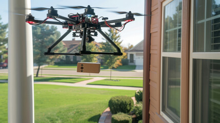 Drone delivering a package to a suburban home, innovative delivery service concept
