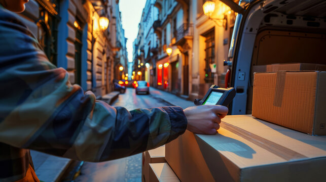 Delivery person scanning packages in a van on a narrow city street at dusk, logistics and delivery concept