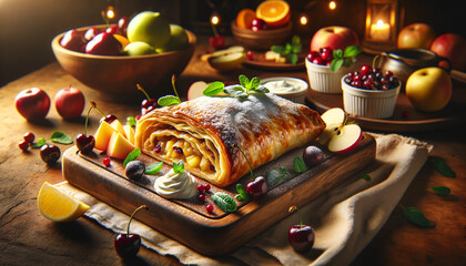 A delicious strudel pastry on a wooden serving board, being presented in a cozy setting
