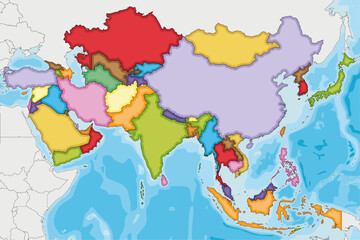 Blank Political Asia Map vector illustration with different colors for each country. Editable and clearly labeled layers.