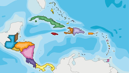 Blank Political Caribbean and Central America Map vector illustration with different colors for each country. Editable and clearly labeled layers.