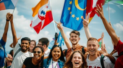 Crowd of people outdoors waving flags in the air during an event or celebration.