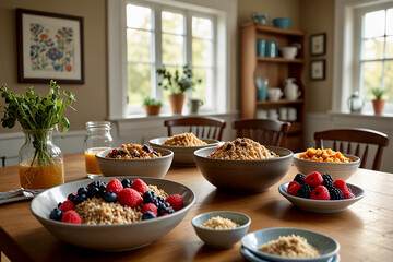 Breakfast table featuring an assortment of grains like whole grain bread
