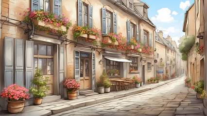 Fototapeta premium Digital artwork showing a picturesque European street with colorful flowers and buildings