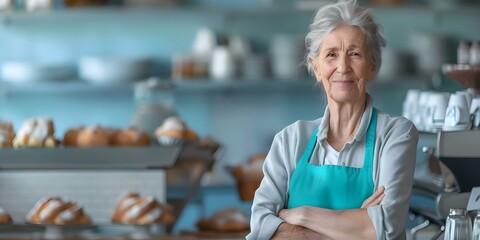 Fototapeta premium Senior Woman Successfully Operating a Small Bakery Coffee Shop as a Business Owner. Concept Senior Entrepreneur, Bakery Owner, Coffee Shop Business, Successful Woman Investor