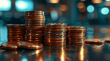 Stacks of coin incrementally increasing in size on a dark office table, representing financial growth or savings concept.