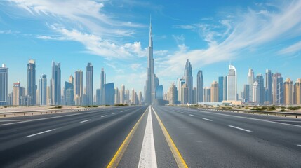Fototapeta premium A clear view down a smooth highway leading towards a modern city skyline under bright blue skies, capturing the essence of urban progress and connectivity.