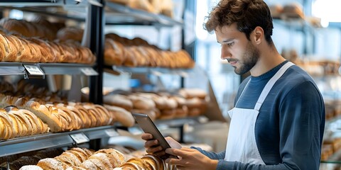 Man manages online orders using devices in bakery for business operations. Concept Online Orders, Bakery Operations, Device Management, Business Efficiency