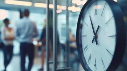 A clock displays the time with motion-blurred individuals bustling in the office background, suggesting a hectic workday atmosphere.