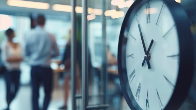 A clock displays the time with motion-blurred individuals bustling in the office background, suggesting a hectic workday atmosphere.
