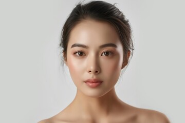 Frontal portrait of a young Asian woman with flawless skin, and subtle makeup