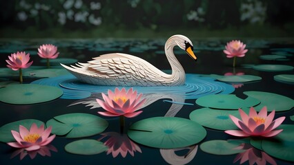 Obraz premium Graceful swan amidst pink lotus and lily flowers on tranquil lake, crafted in intricate 3D paper art, evoking serene beauty.